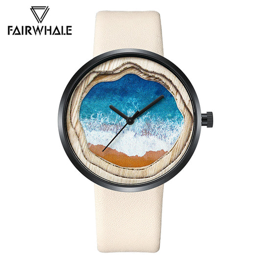 orologio da polso fairwhale al quarzo con quadrante in legno dipinto a mano e cinturino in pelle