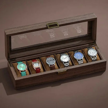 Caja de reloj de madera con vitrina