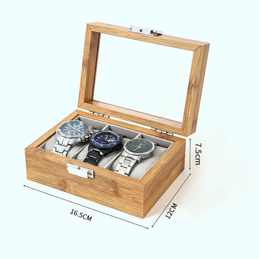 Uhrengehäuse aus Holz mit Vitrine