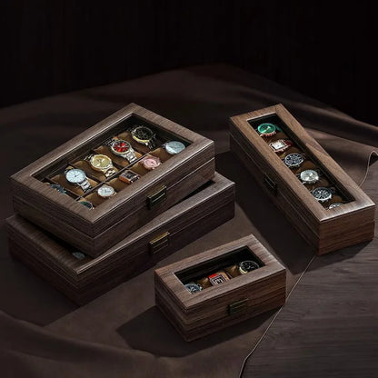 Caja de reloj de madera con vitrina